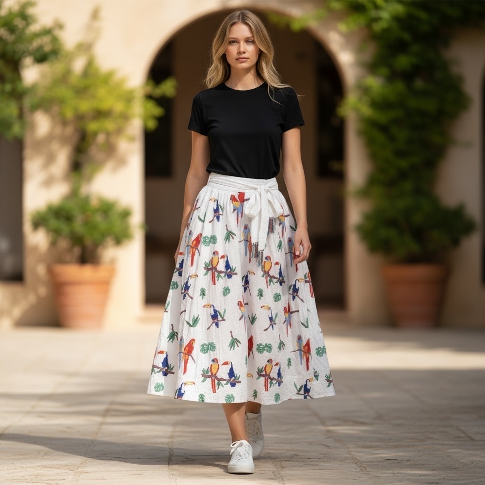 NWT Farm Rio Stitched Birds Tropical Parrots Full Skirt Medium